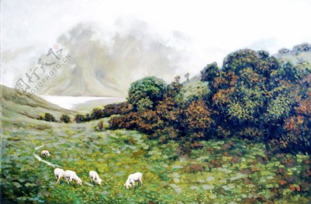草地上的羊群风景油画图片