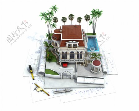 图纸与别墅设计模型图片