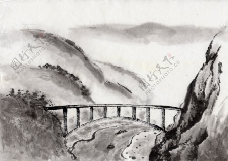 水墨风景山中的大桥图片图片