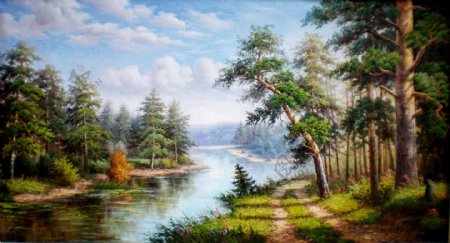 美丽树林河流风景油画图片