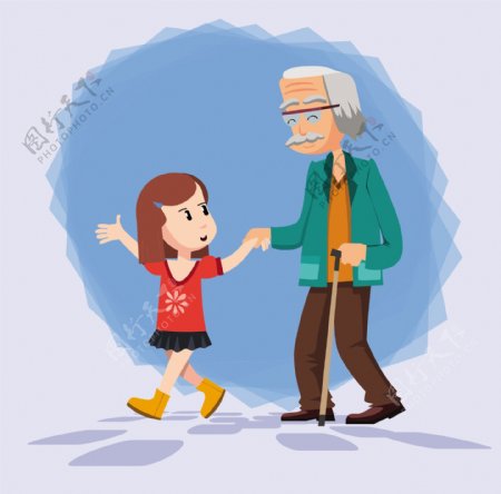 孙女和爷爷插图表达感情的自由向量