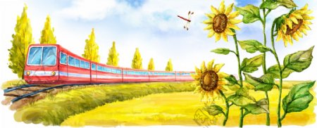 手绘火车秋色向日葵