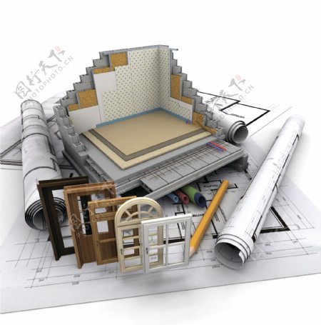 桌面上的设计图纸和未完成的房子模型图片