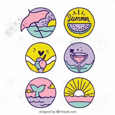 漂亮的手绘夏季元素徽章图标