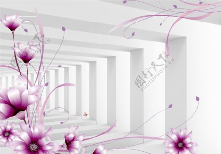 现代唯美3D走廊拓展空间隧道紫色花纹背景