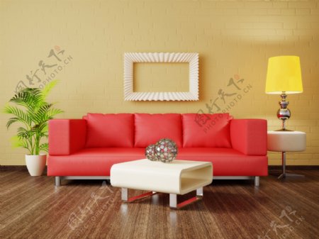 红色沙发与茶几图片