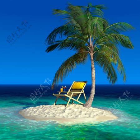 小岛上的椰树躺椅图片