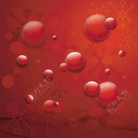 红色背景有光泽的气泡分子和DNA结构用于健康和医疗概念