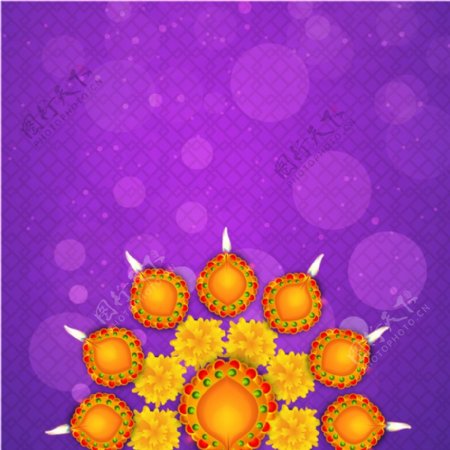 排灯节蜡烛和黄色花朵的背景