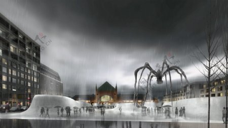 城市广场雨景效果图图片