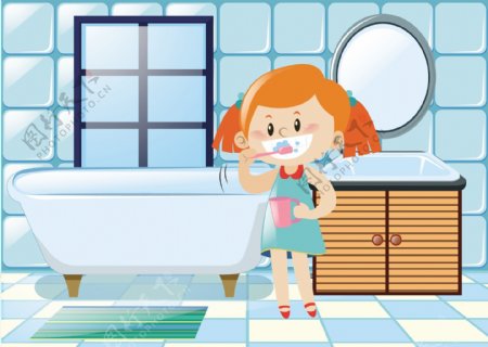 女孩在浴室刷牙