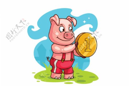 卡通拿金币的猪矢量素材