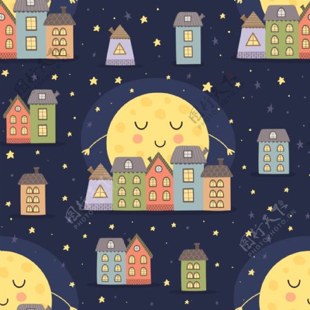 月亮和房屋晚安挂画卡通动物矢量