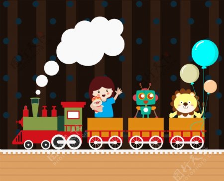 扁平可爱卡通玩具火车插画