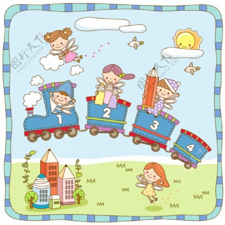 飞翔的小火车韩风卡通儿童矢量素材