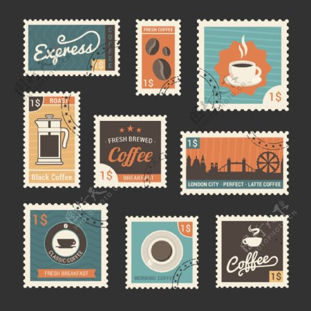 复古咖啡纪念邮票