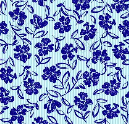 手绘蓝色花卉无缝背景矢量图