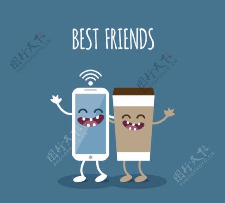 卡通大笑咖啡杯与手机