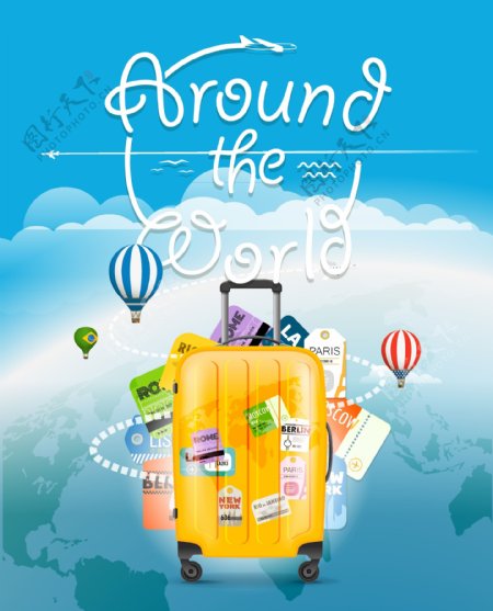 黄色行李箱与世界地图背景矢量素材