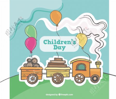 伟大的背景为儿童的一天一个可爱的火车和气球