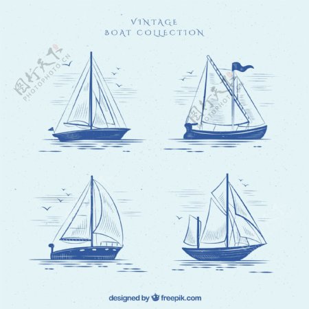四个手绘效果帆船矢量设计素材