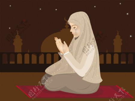 矢量插画的年轻穆斯林少女的祈祷