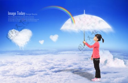 云层上撑着伞的小女孩