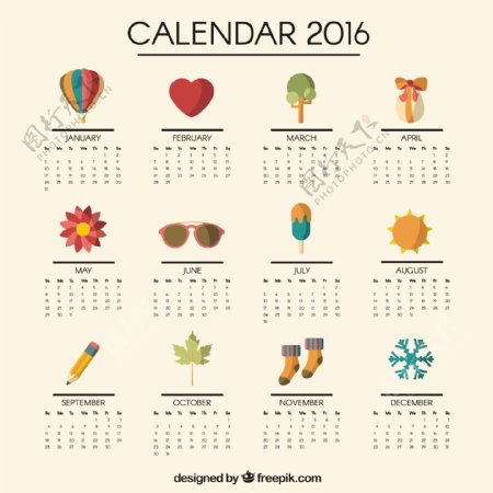 2016日历与可爱的图标