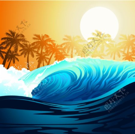 波浪与棕榈树和太阳矢量背景素材
