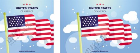 美国国旗装饰图案蓝天白云背景
