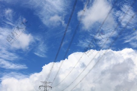蓝天白云下的高压电线图片