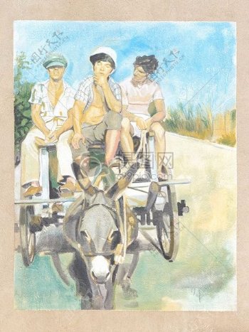 赶着驴车的三个少年
