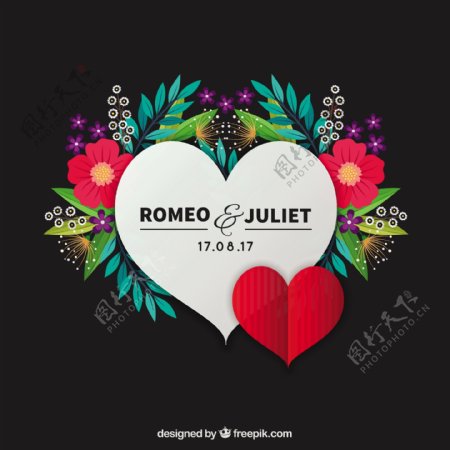 鲜花背景罗密欧与朱丽叶的心