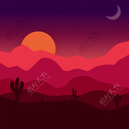 沙漠里的落日风景插画