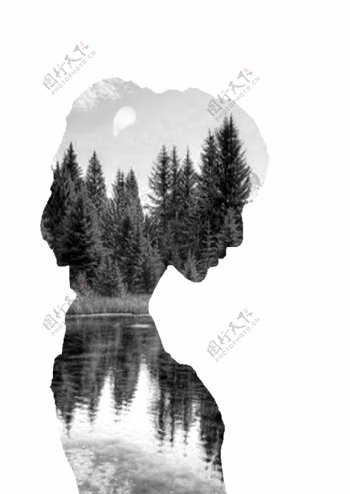 人物剪影与山水填充黑白水墨画