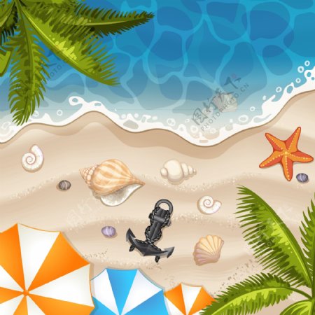 夏日海洋沙滩椰子树插画背景矢量素材下载