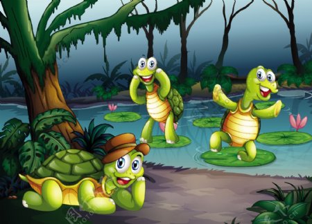 荷花池旁的卡通乌龟