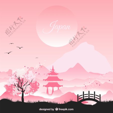 日式风格粉色风景插画