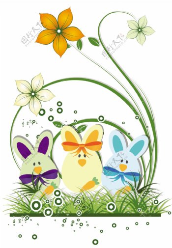 兔子与花朵装饰复活节背景矢量素材下载