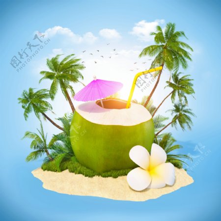 沙滩上的椰子果汁背景