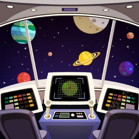 飞行的太空舱未来的室内空间背景卡通矢量图