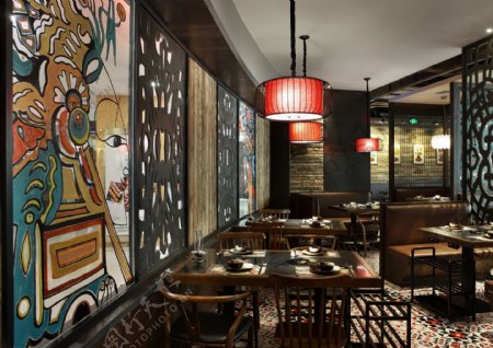 中式室内餐厅餐桌背景墙效果图