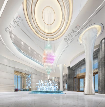 现代时尚亮色酒店大厅白色地板工装装修图