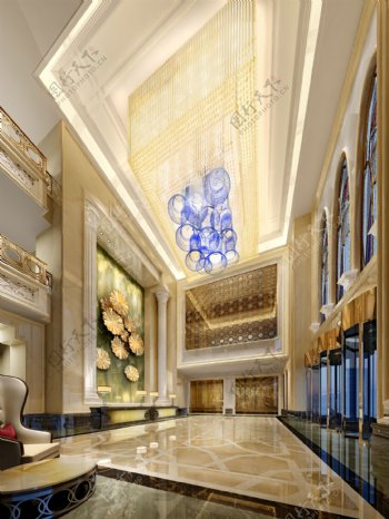 时尚经典酒店大厅蓝色吊灯工装装修效果图
