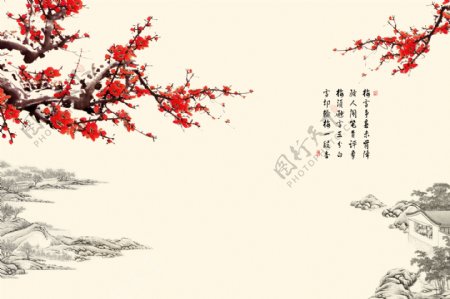 中式手绘名画梅花玉石瓷砖背景墙