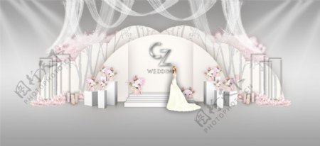 白粉色西式浪漫风格半圆婚礼展示迎宾效果图