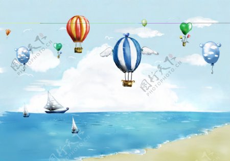 3D海滩帆船热气球背景墙