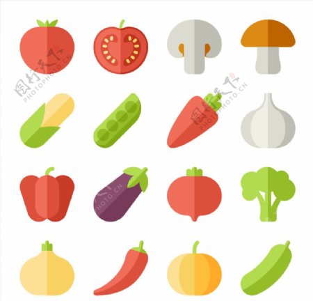 多款扁平化瓜果蔬菜图标矢量素材