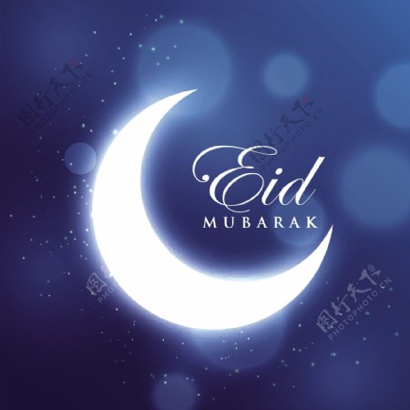 在蓝色的背景发光的新月开斋节穆巴拉克节