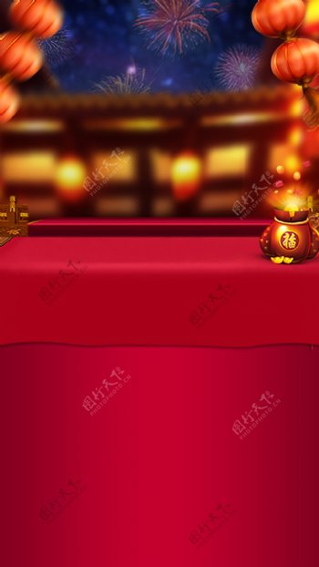 红色灯笼烟花春节H5背景素材